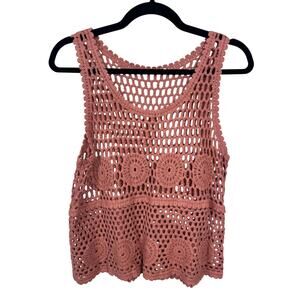Ultra Pink Crochet Look Boho Sleeveless Tank Top Est Medium